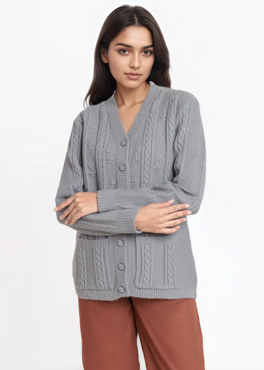 Grey-V-Cardigan Full Sleeves Sweater (25Y-025-67)