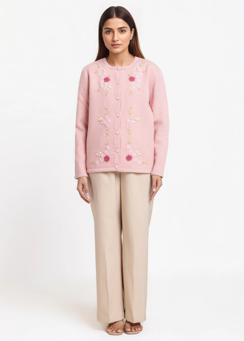 L-Pink-Round Neck Full Sleeves Cardigan Sweater (25Y-031-67)