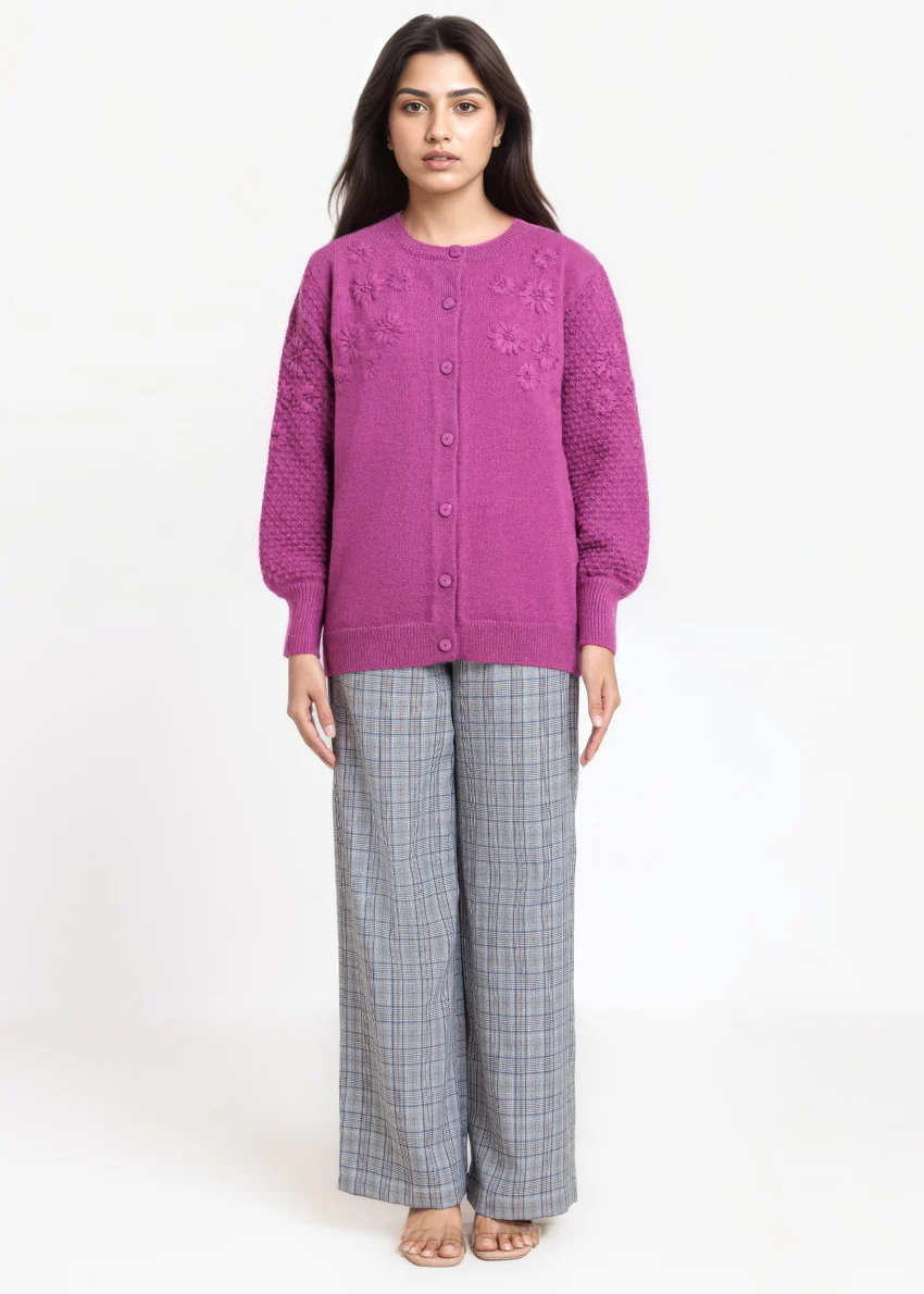 Purple-Round Neck Full Sleeves Cardigan Sweater (25Y-032-67)