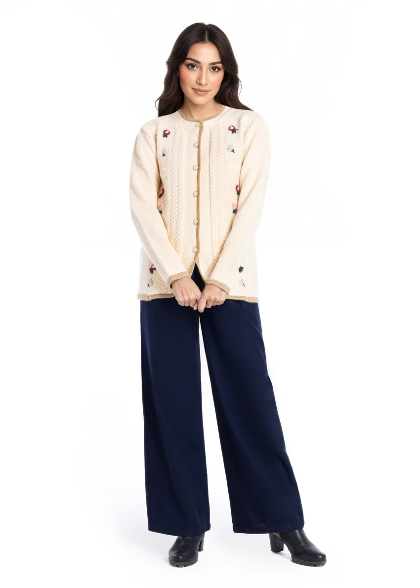 Cream-Round Neck Full Sleeves Cardigan Sweater (25Y-037-67)
