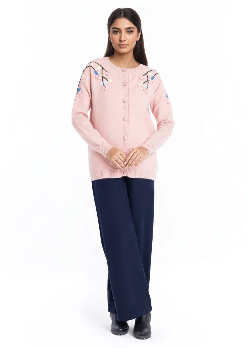 L-Pink-Round Neck Cardigan Reglan Sleeves Sweater (25Y-049-67)