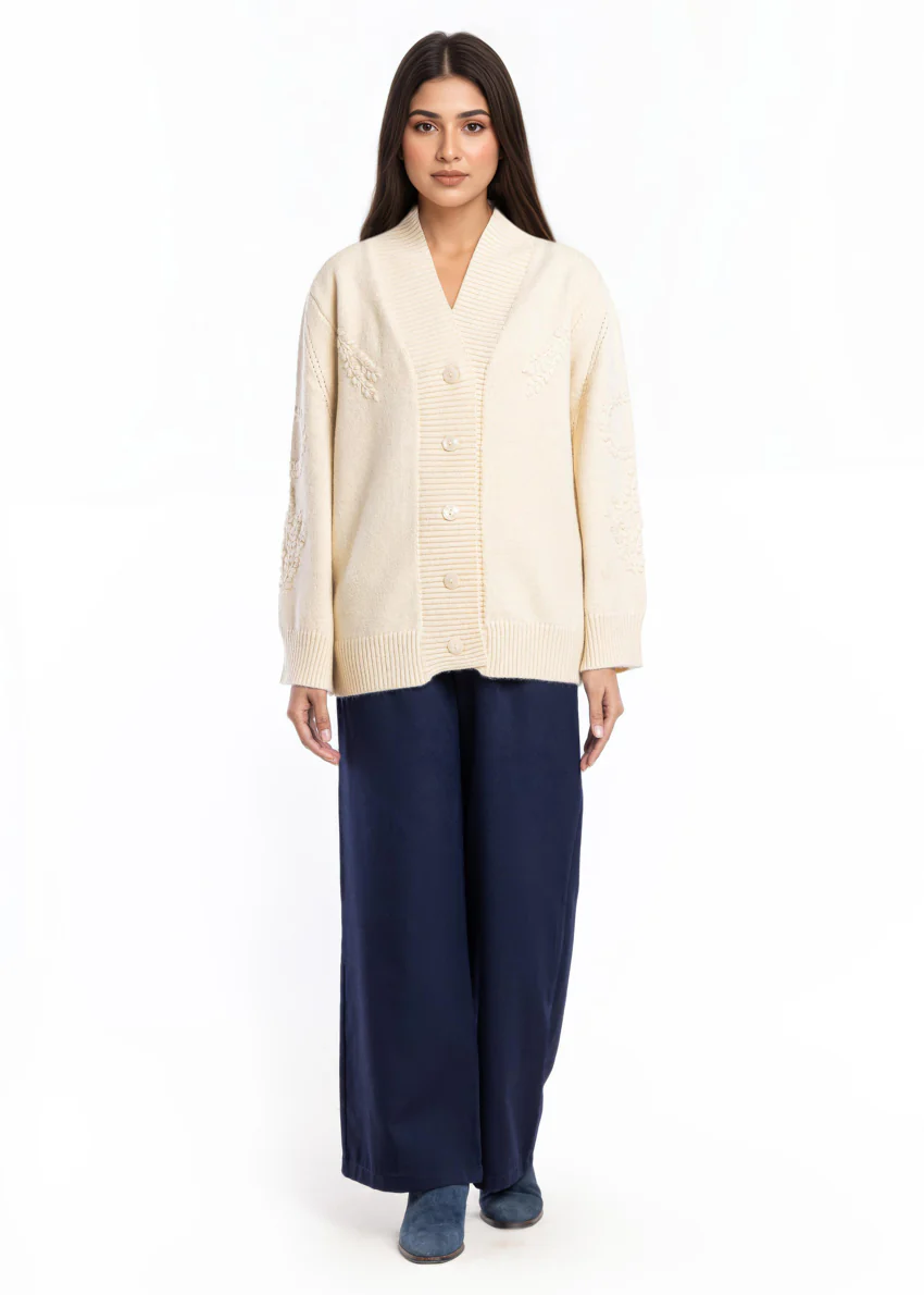 Cream-V-Cardigan Full Sleeves Sweater (25Y-052-67)