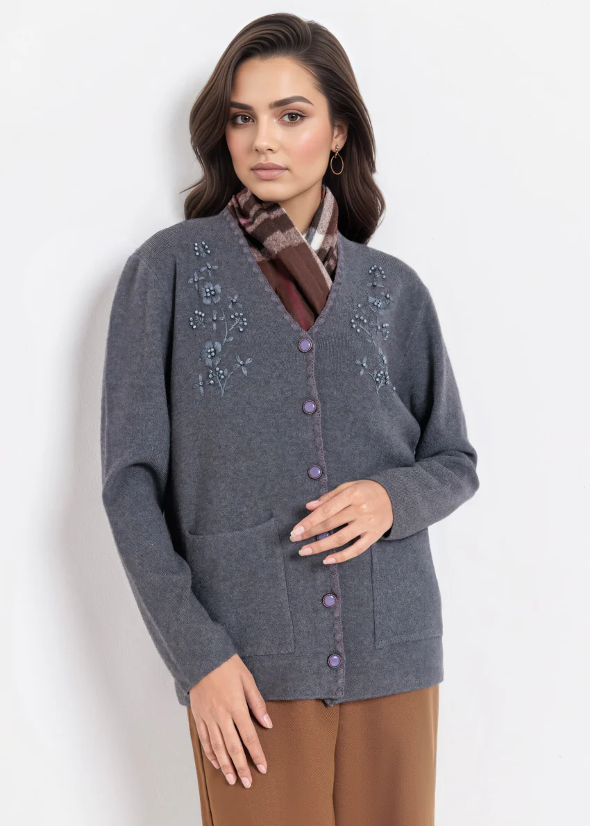 Charcoal-V-Cardigan Full Sleeves Sweater (25Y-060-67)