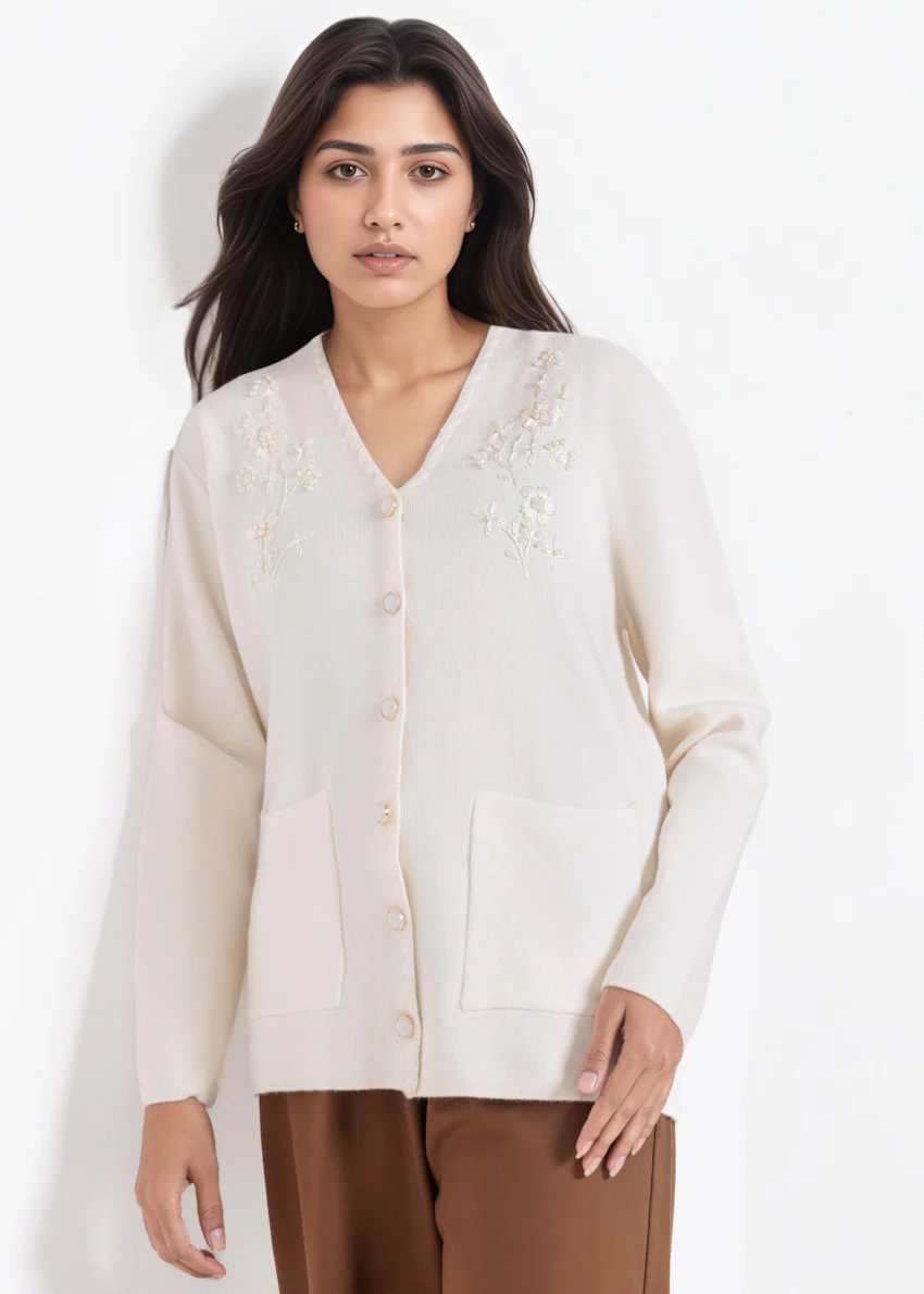 O-White-V-Cardigan Full Sleeves Sweater (25Y-060-67)