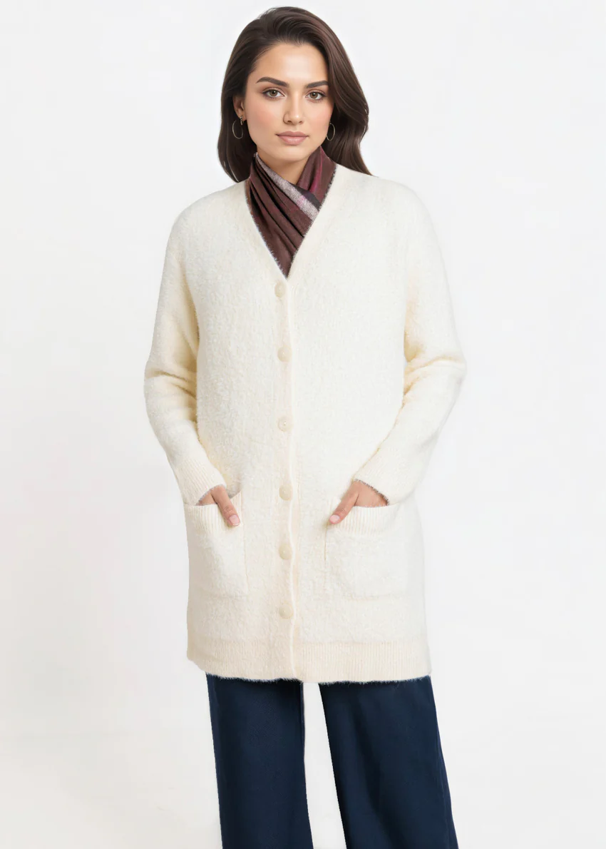 Cream-V-Cardigan Full Sleeves Sweater (25Y-080-67)