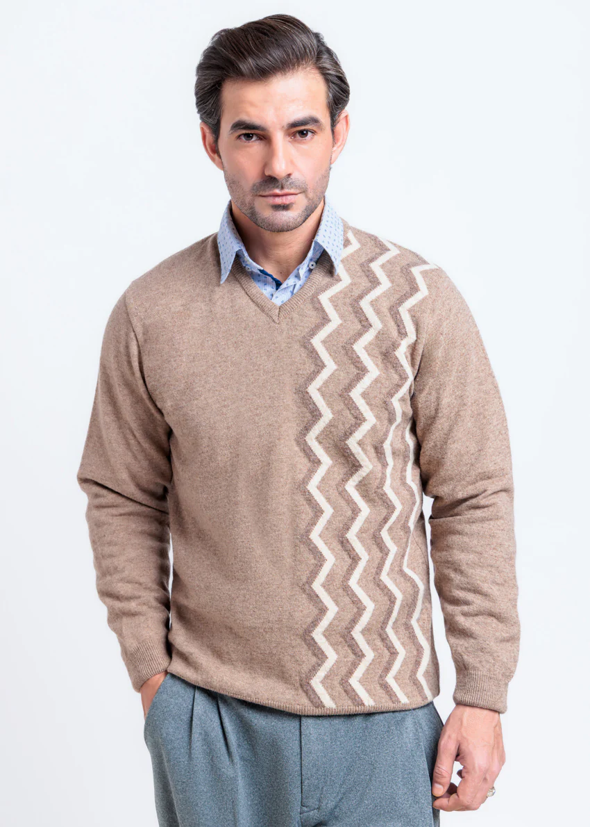 M-Beige-V-Neck Full Sleeves Sweater (513-14)