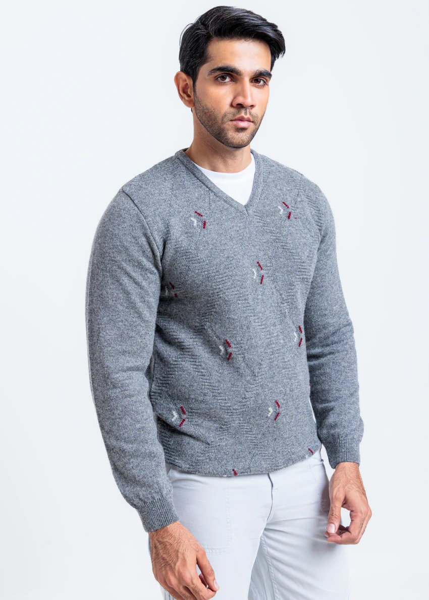 St-Grey-V-Neck Full Sleeves Sweater (514-14)