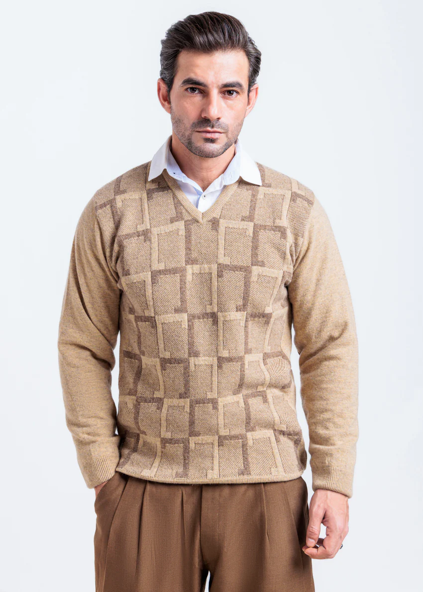 Wheat-V-Neck Full Sleeves Sweater (525-14)