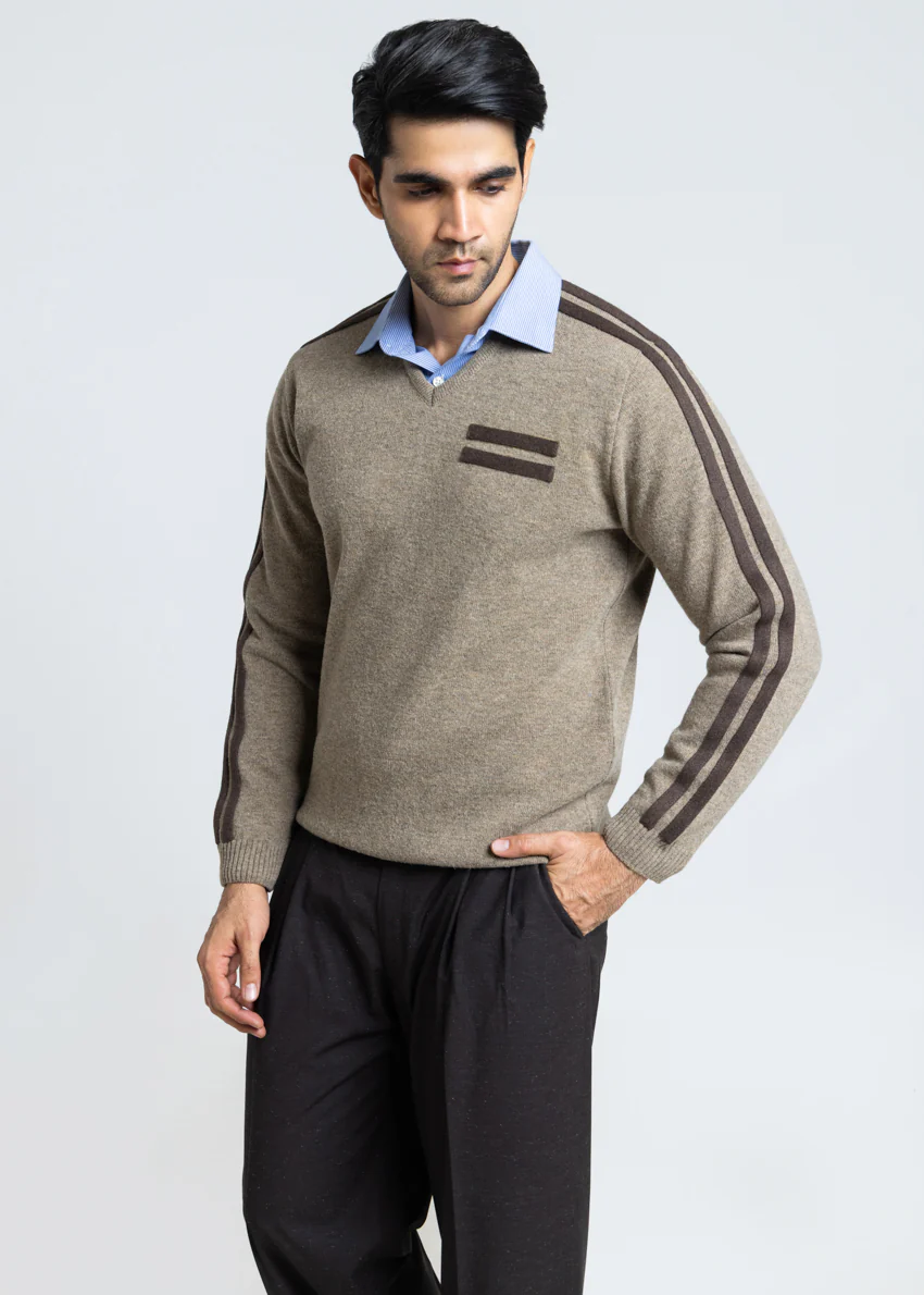 Nl-Beige-V-Neck Full Sleeves Sweater (557-14)