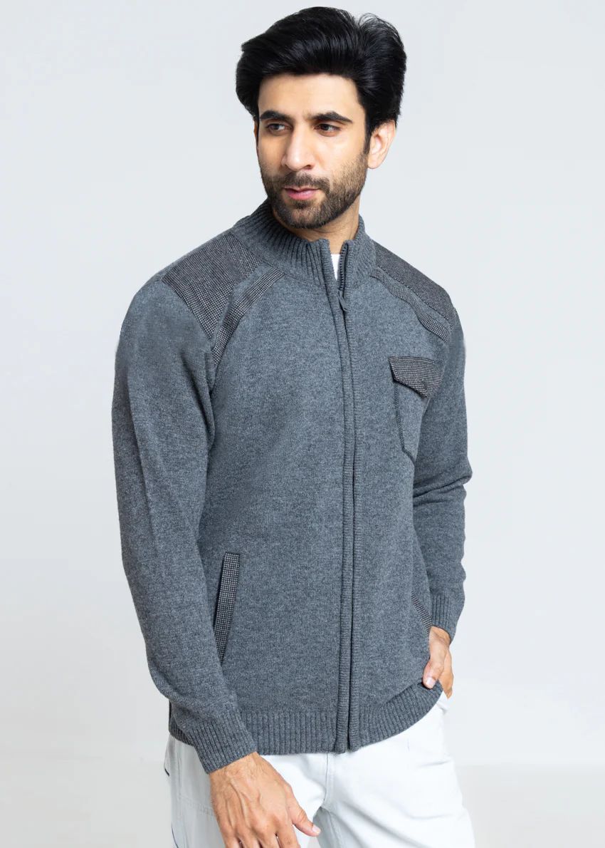 Grey-Turtle Neck Zipper Full Sleeves Sweater (913-14)